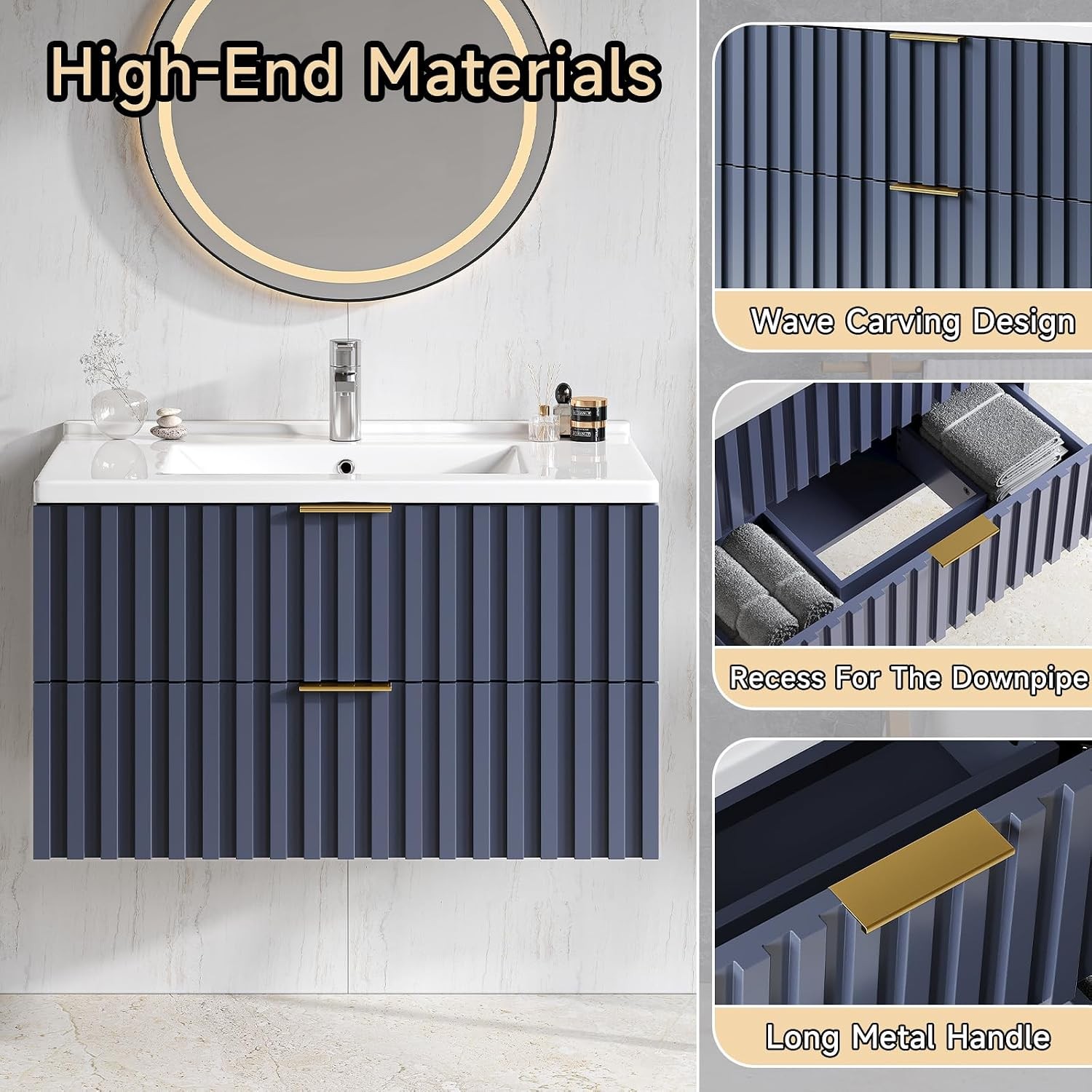 30 Inch Bathroom Vanity with Sink Combo Floating Bathroom Vanity with 2 Fluted