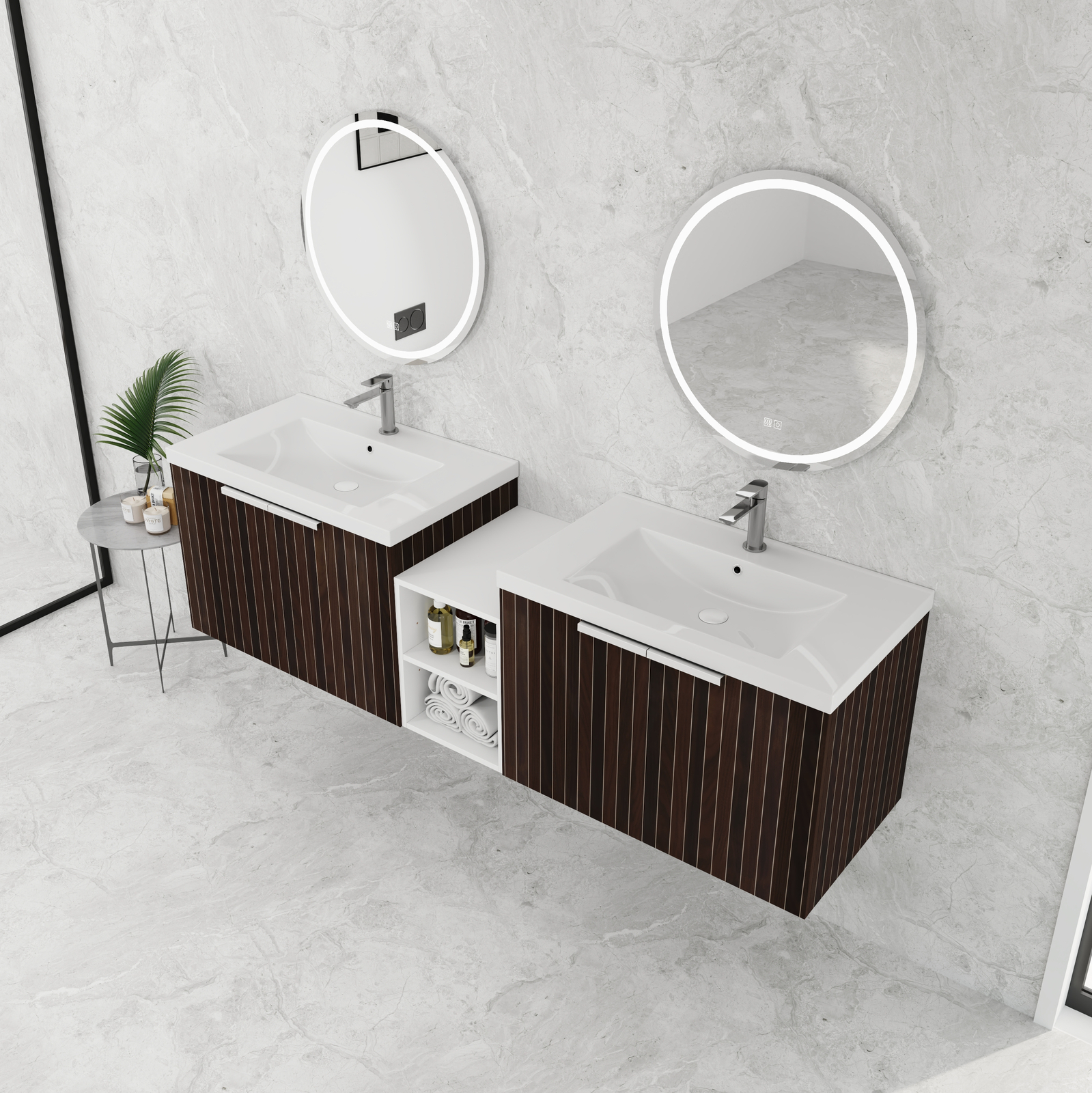 72″ Wooden Floating Bathroom Vanity with Dual Sink Basin Doors /Storage Shelves