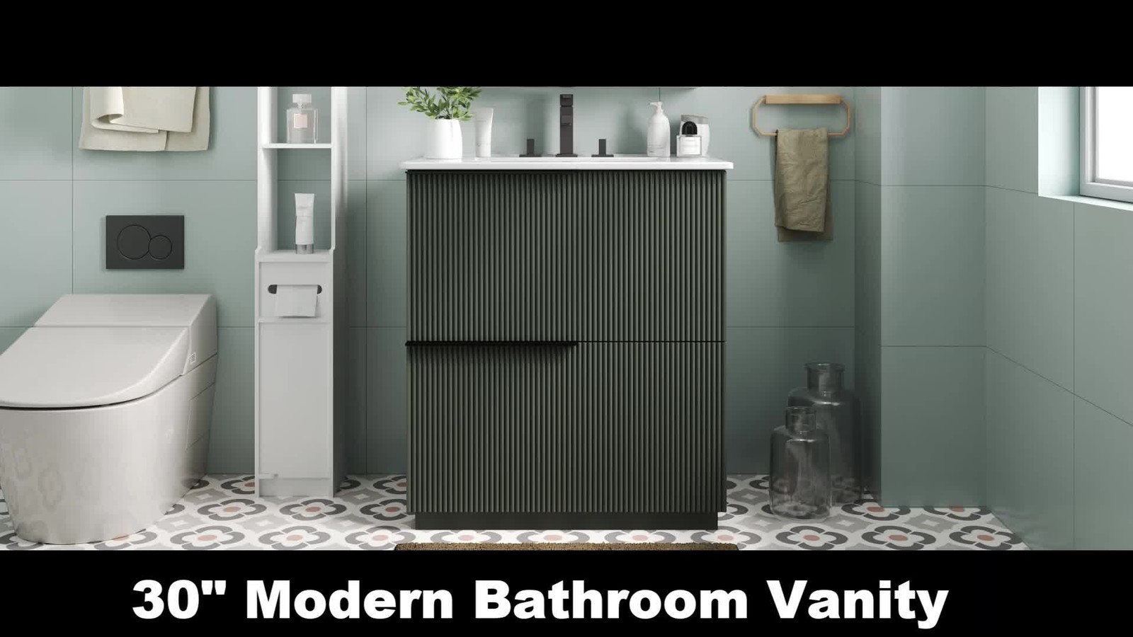 30″ Green Fluted Bathroom Vanity with Ceramic Sink & Soft Close