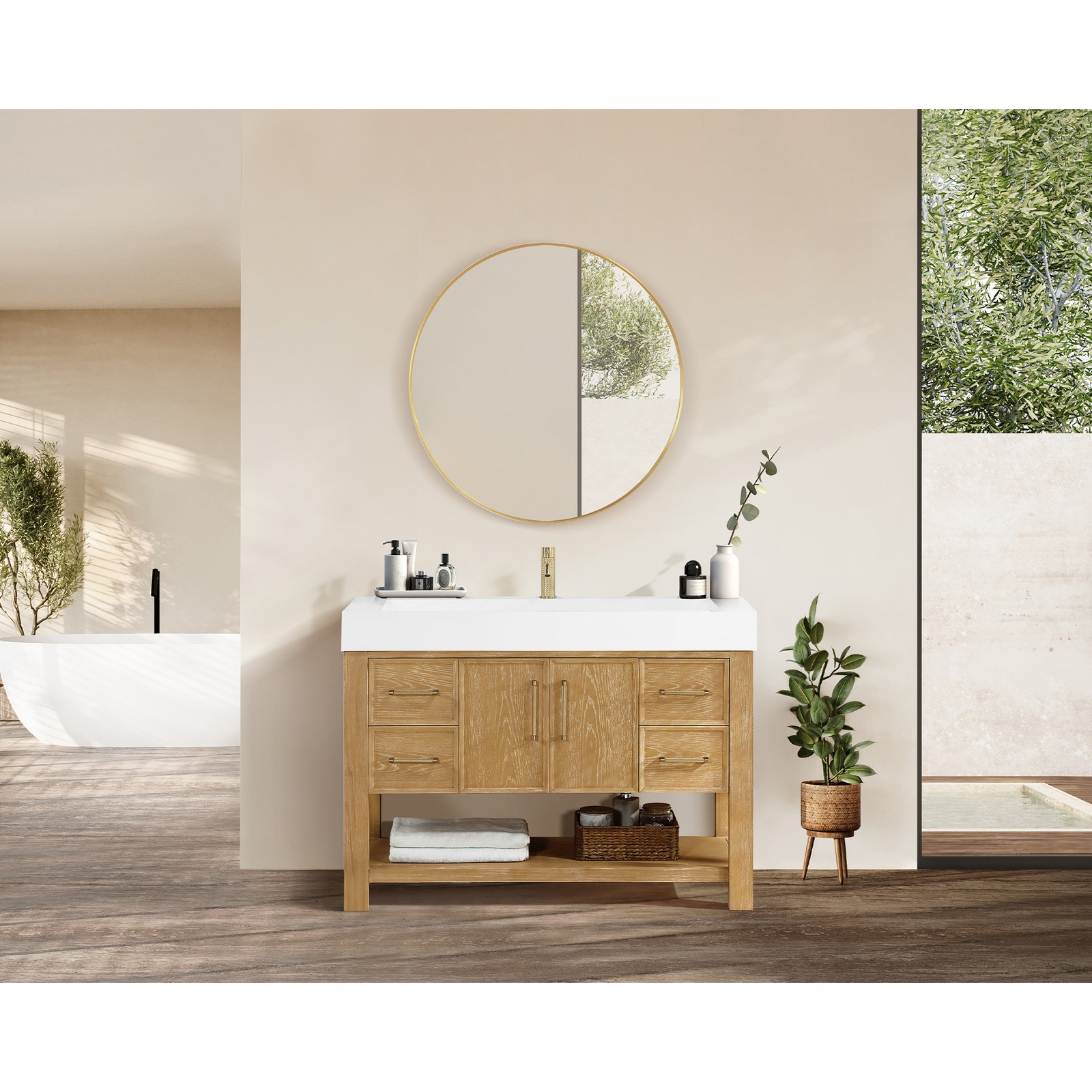 Vera 48″ Single Bath Vanity in Washed Ash Grey w/ White Integrated Sink & Mirror