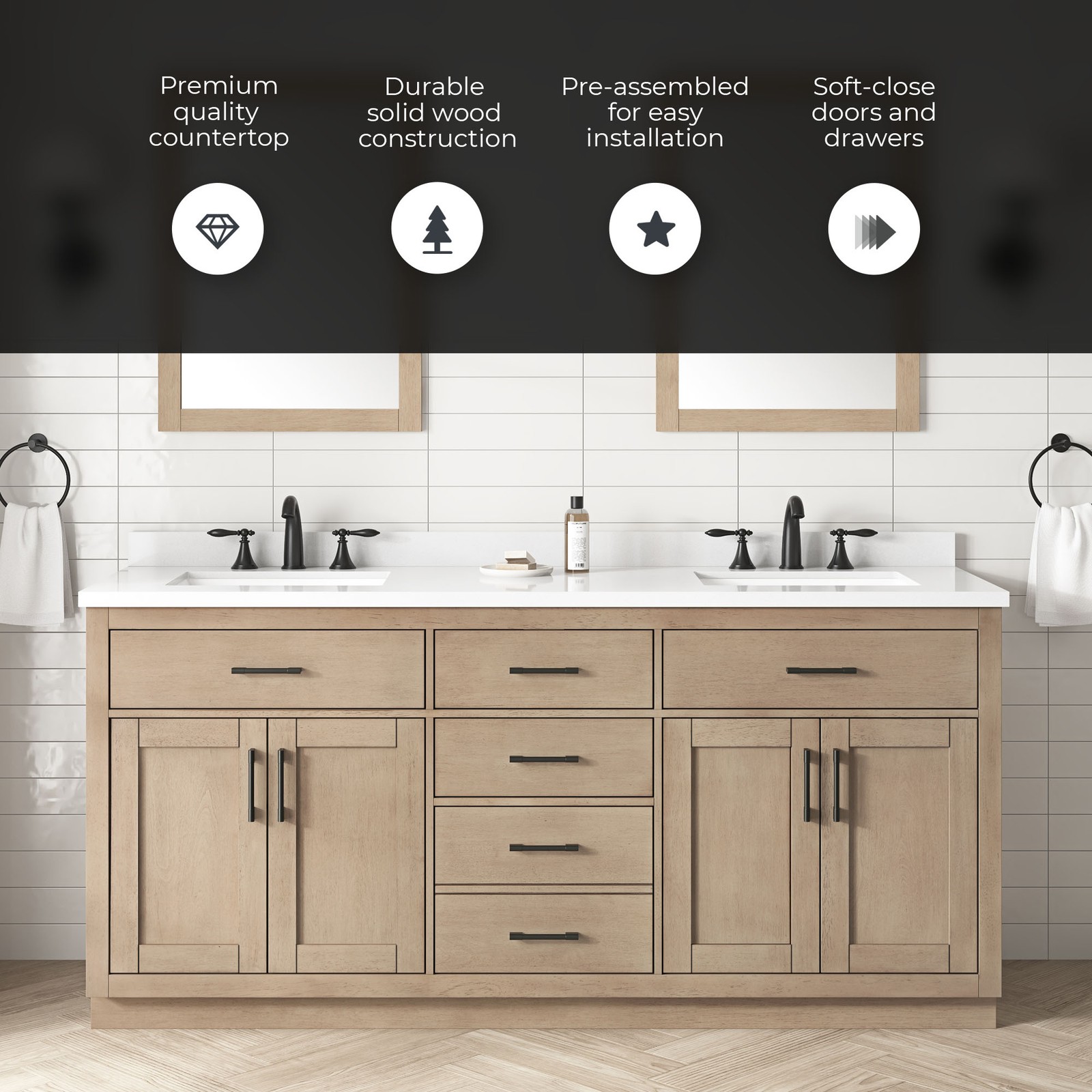 Bailey 72″ Double Bathroom Vanity in Sahara Birch with White Countertop