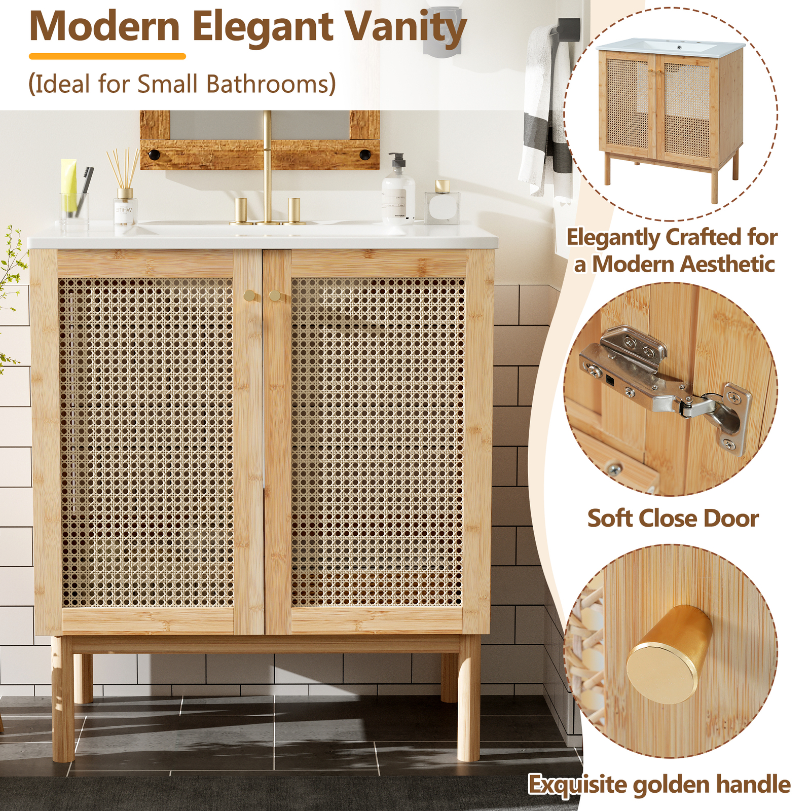 30″ Bathroom Vanity w/ Sink, Freestanding Vanity Storage Cabinet, 2 Rattan Doors