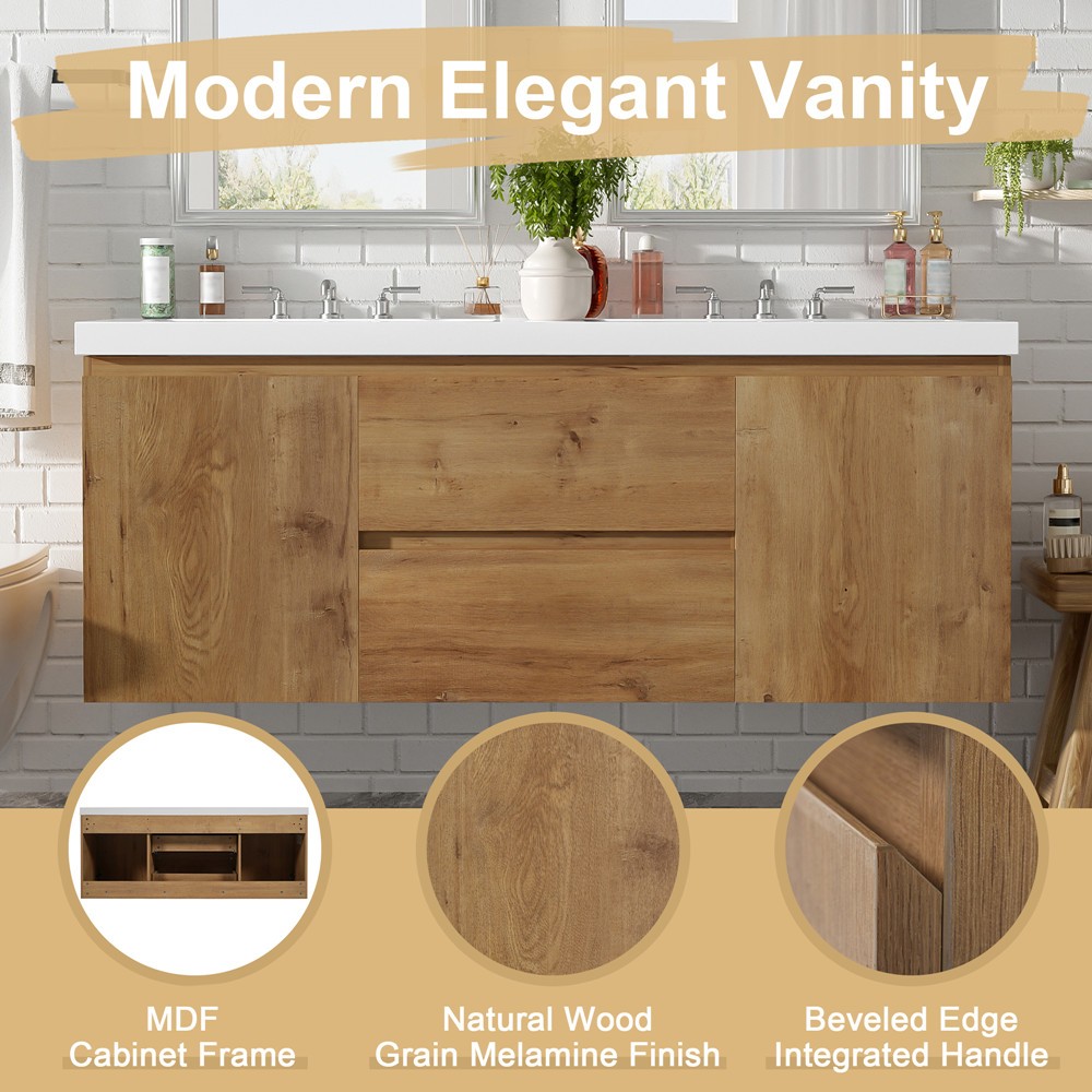 59″ Wall Mounted Bathroom Vanity w/Double Sink, Floating Vanity Cabinet,2 Drawer