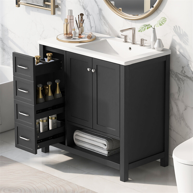 36″ Black Bathroom Vanity with Sink Top,Vanity Cabinet with 2 Doors & 2 Drawers