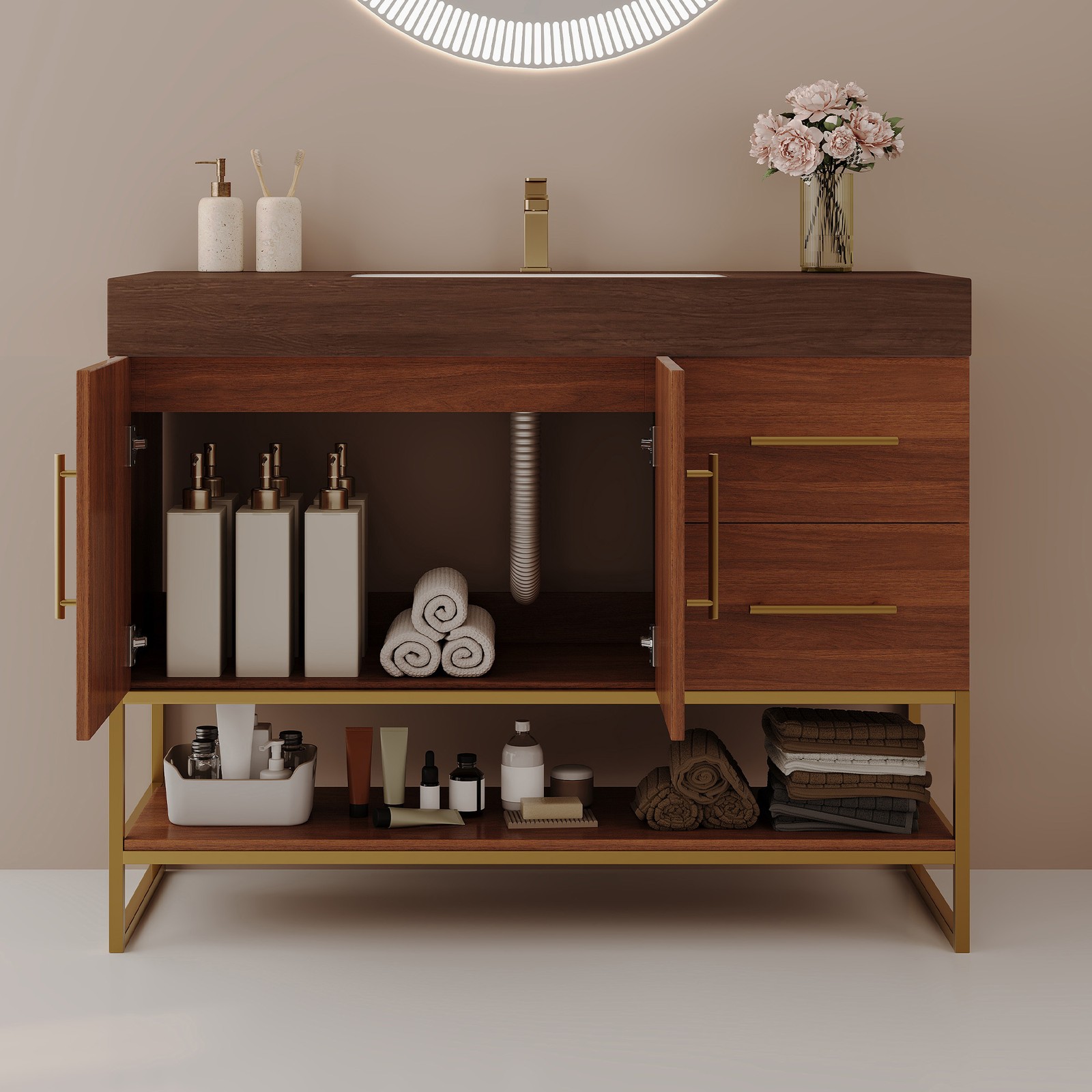 36″ Modern Bathroom Vanity w/Seamless Ceramic Sink & Sintered Stone Top Walnut