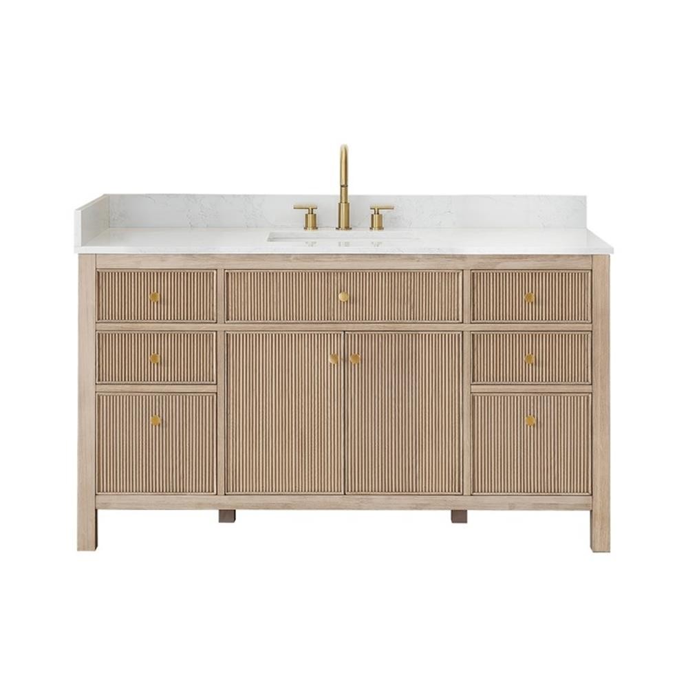 Pemberly Row 60″ Single Wood Vanity in Nature Oak Engineered Stone Top no Mirror