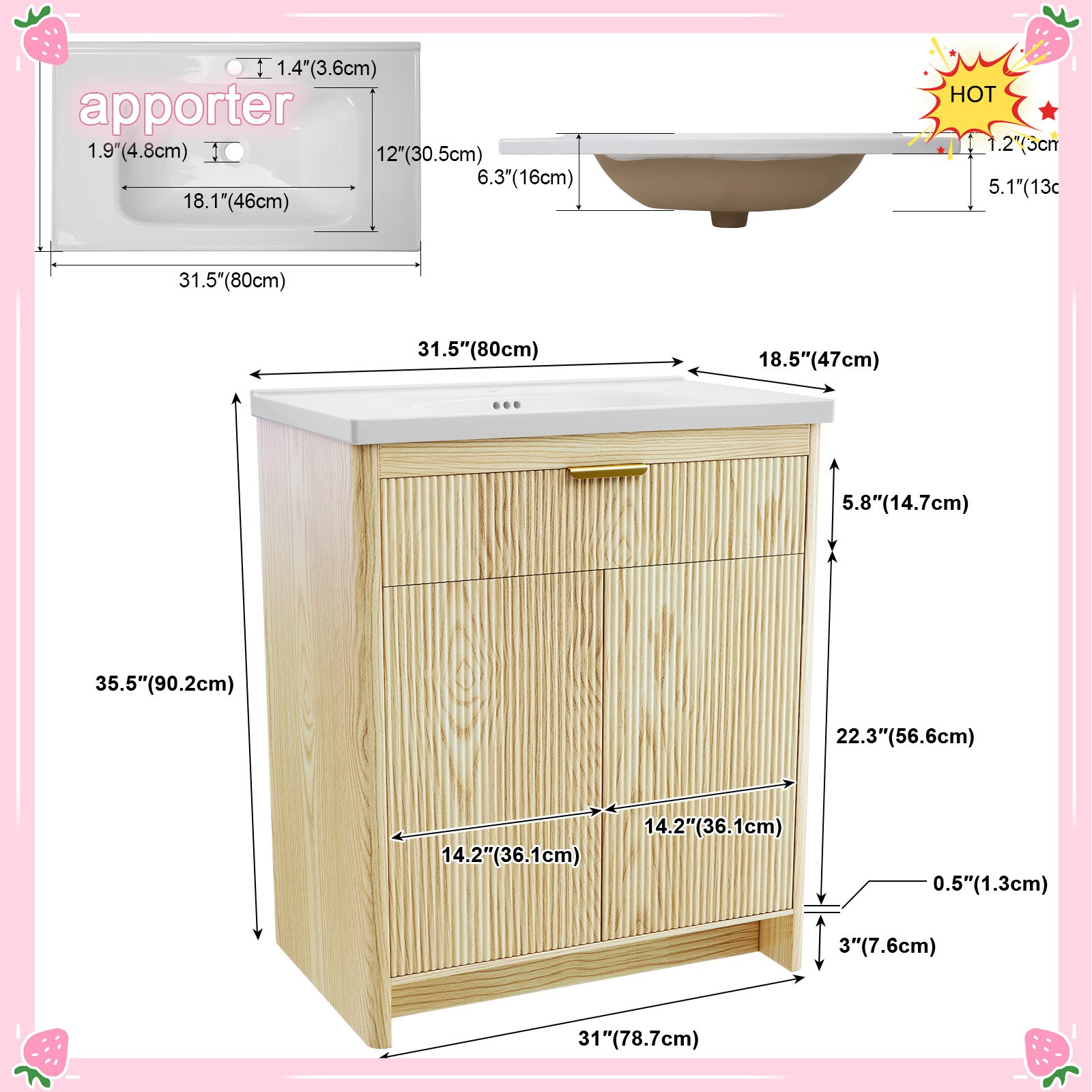 31.5 in Bathroom Vanity with Ceramic Sink Freestanding Storage Cabinet with Door