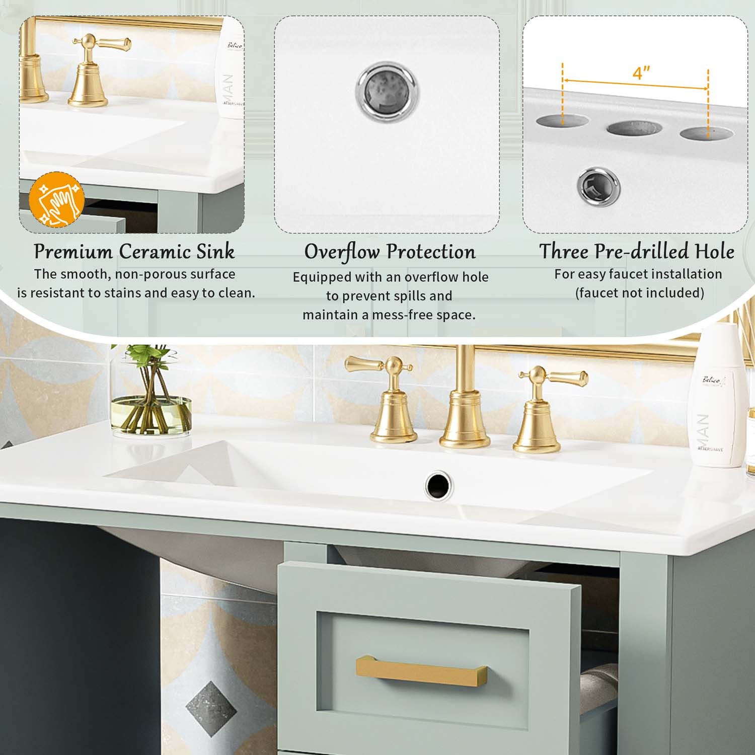 30″ Freestanding Bathroom Vanity Sage Green Solid Wood Soft-Close 3 Drawers Sink