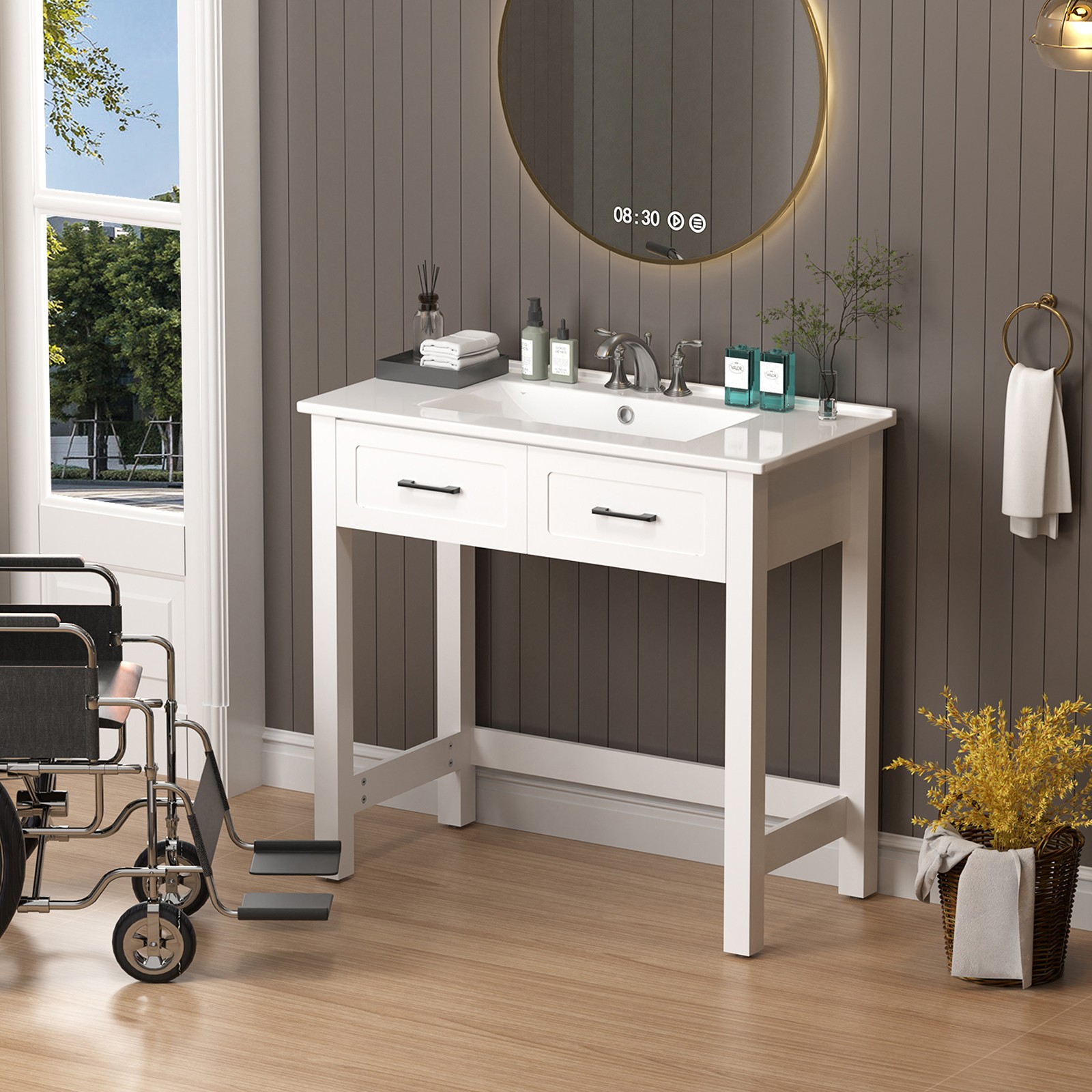 36″ ADA Compliant Bathroom Vanity w/ a Tip-out Drawer & Ceramic Sink for Elderly