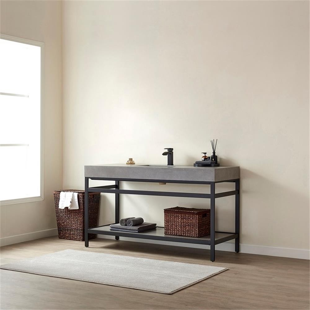 Funes 60″ Single Sink Bathroom Vanity in Matte Black Frame Gray Top No Mirror