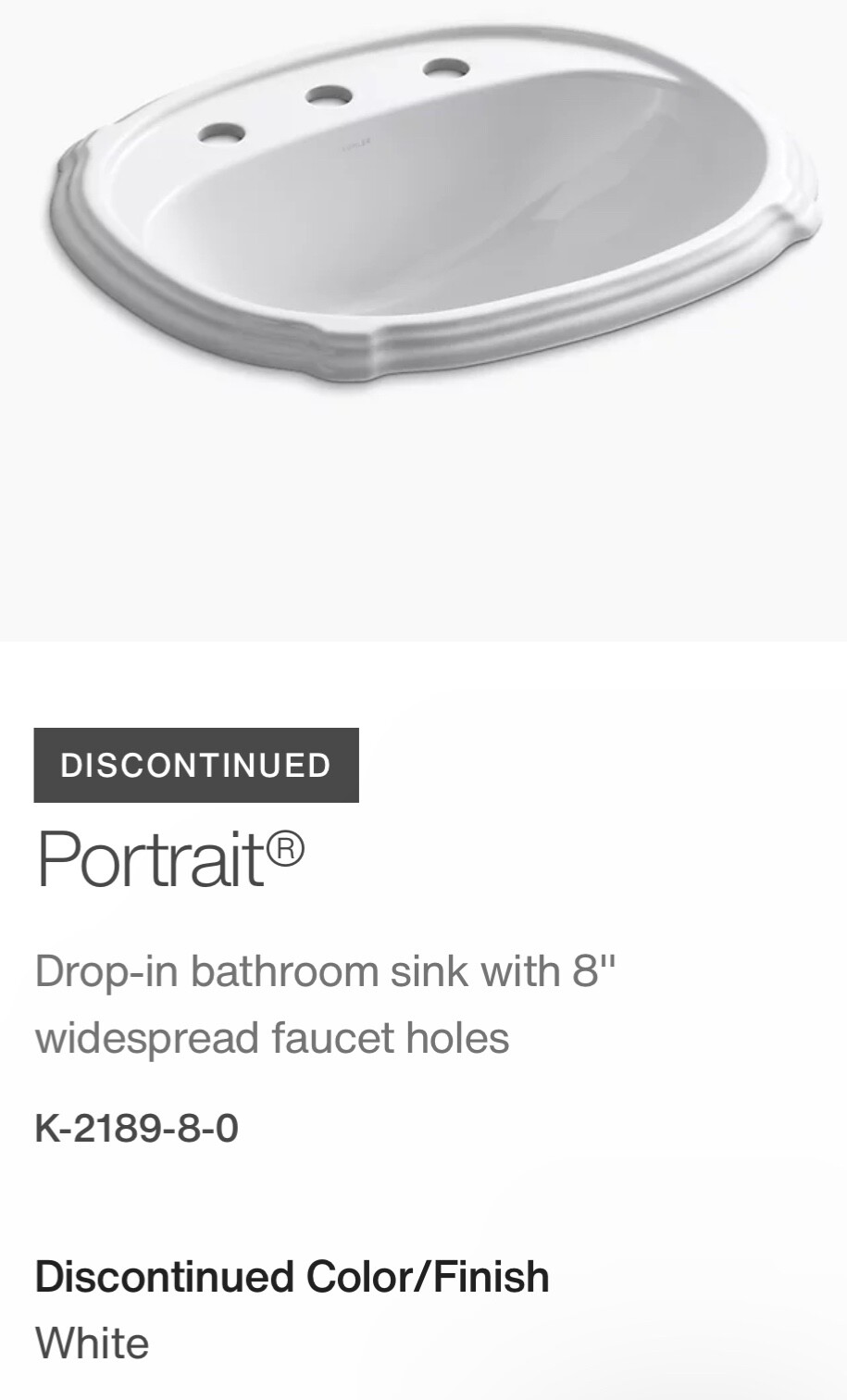 Kohler Portrait Sink White 8 in Spread Discontinued Drop In Bathroom