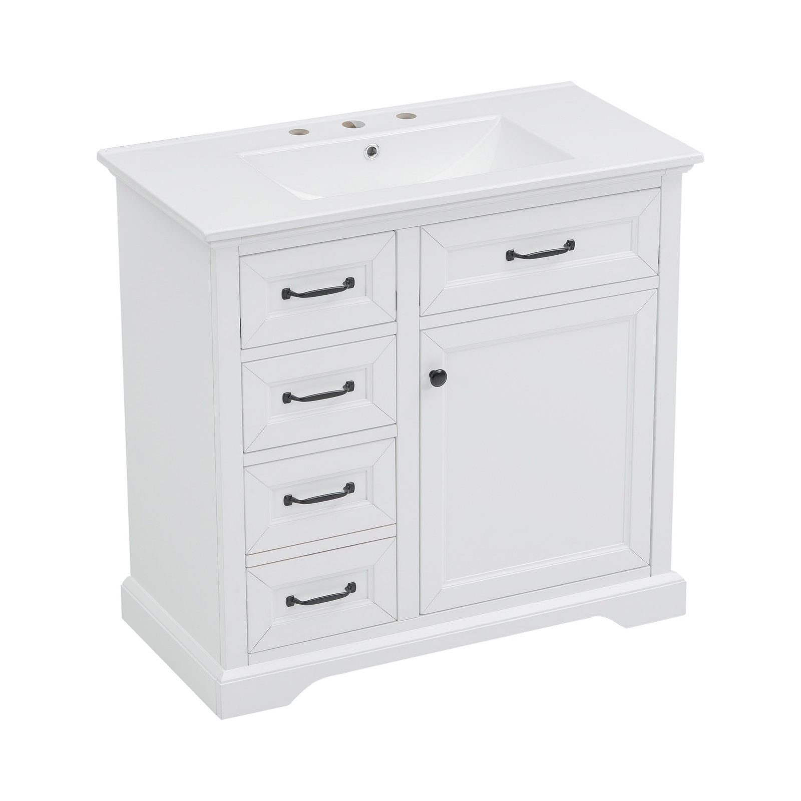 36″ Bathroom Vanity with Ceramic Sink Top, 4 Drawers & 1 Soft-Close Door