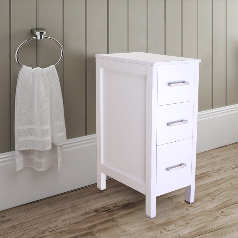 12″ White Bathroom Vanity 3 Drawers Small Beside Cabinet Shelf Modern MDF Wood