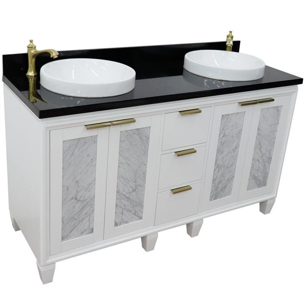 Pemberly Row 61″ Double Round Sink Solid Wood Vanity in White/Black Galaxy