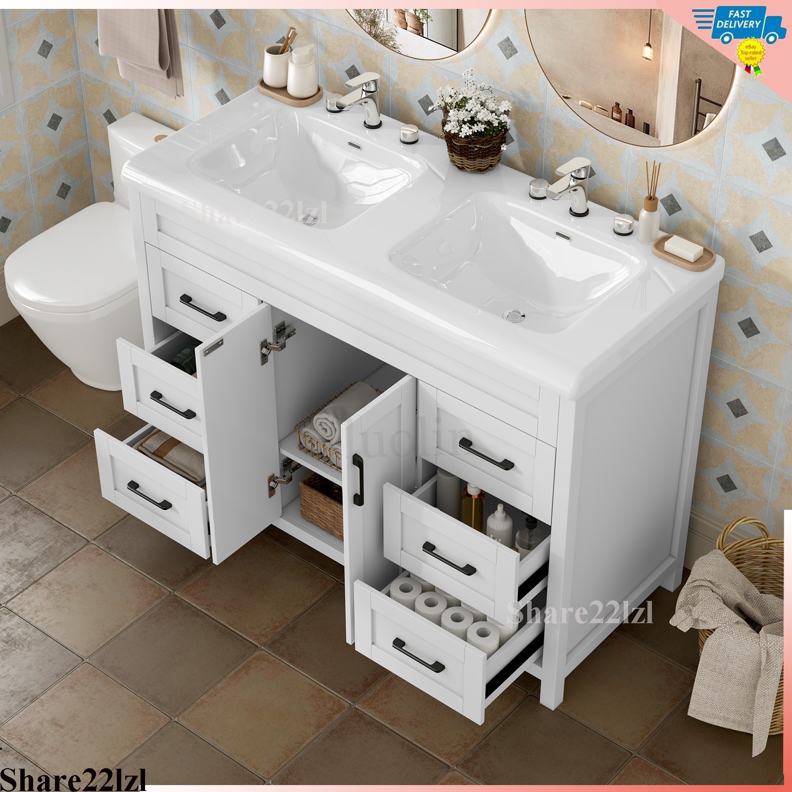 47″ Bathroom Vanity Cabinet White Freestanding Drawers with Double Sink Ceramic