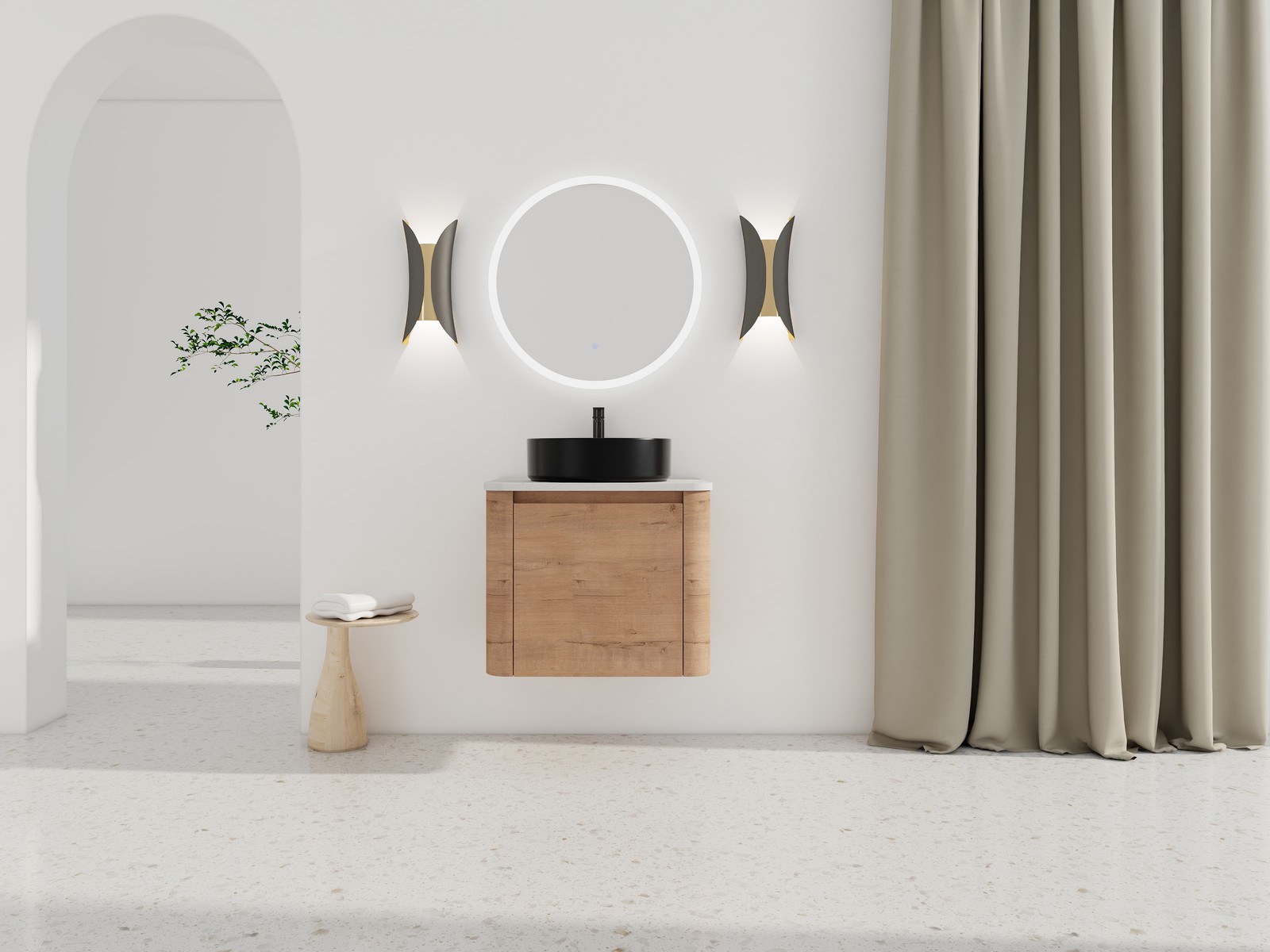 24 In Bathroom Vanity With White Flat Stone Slab Top Black Ceramic Vessel Sink