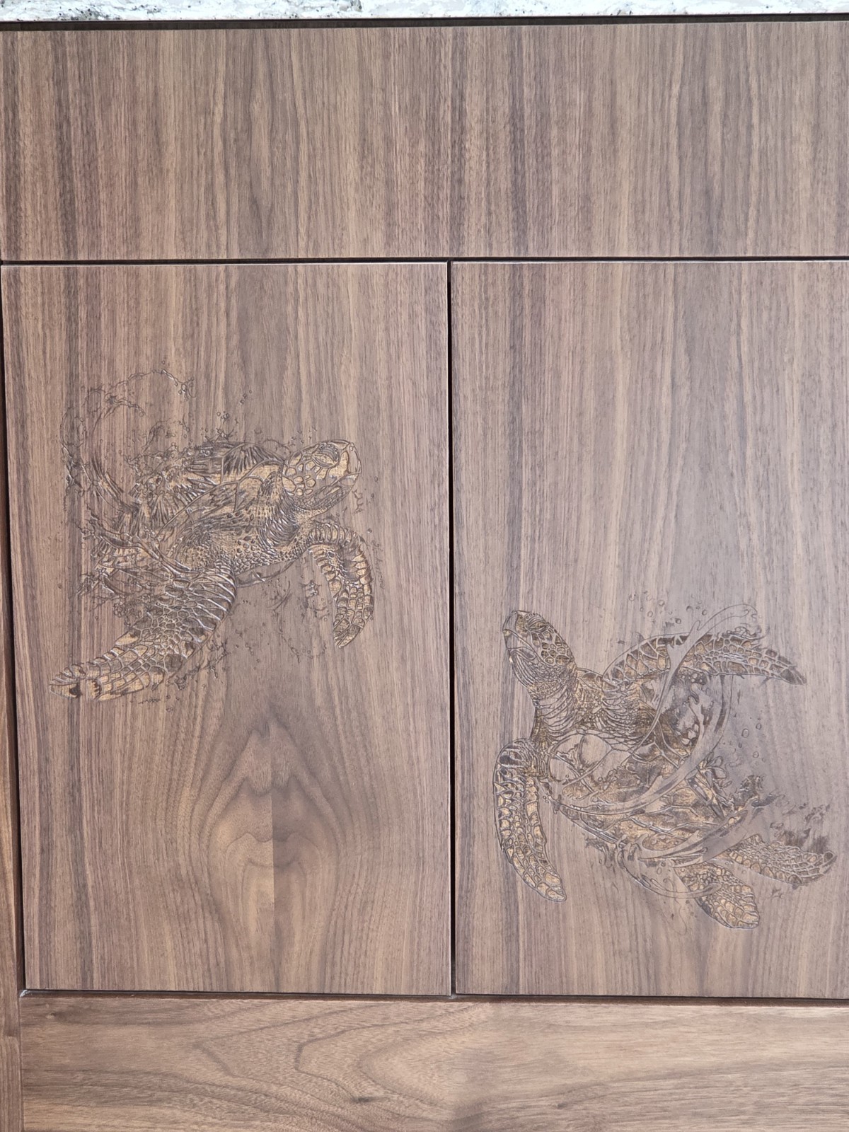 Fabulous Seaturtle Engraved Walnut Bathroom Vanity Cabinet