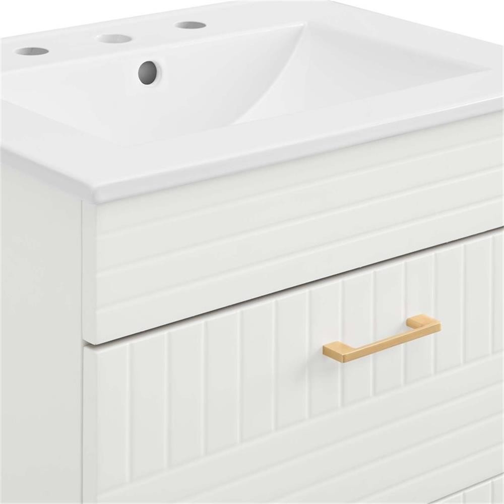 Pemberly Row 24″ Modern Wood/Ceramic Bathroom Vanity with Gold Legs in White