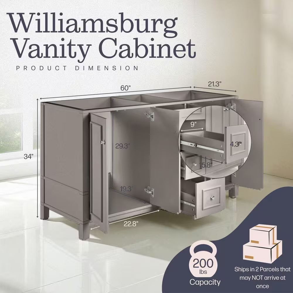 Williamsburg 60 In. W X 21.25 In. D X 34 In. H Bath Vanity Cabinet without Top –