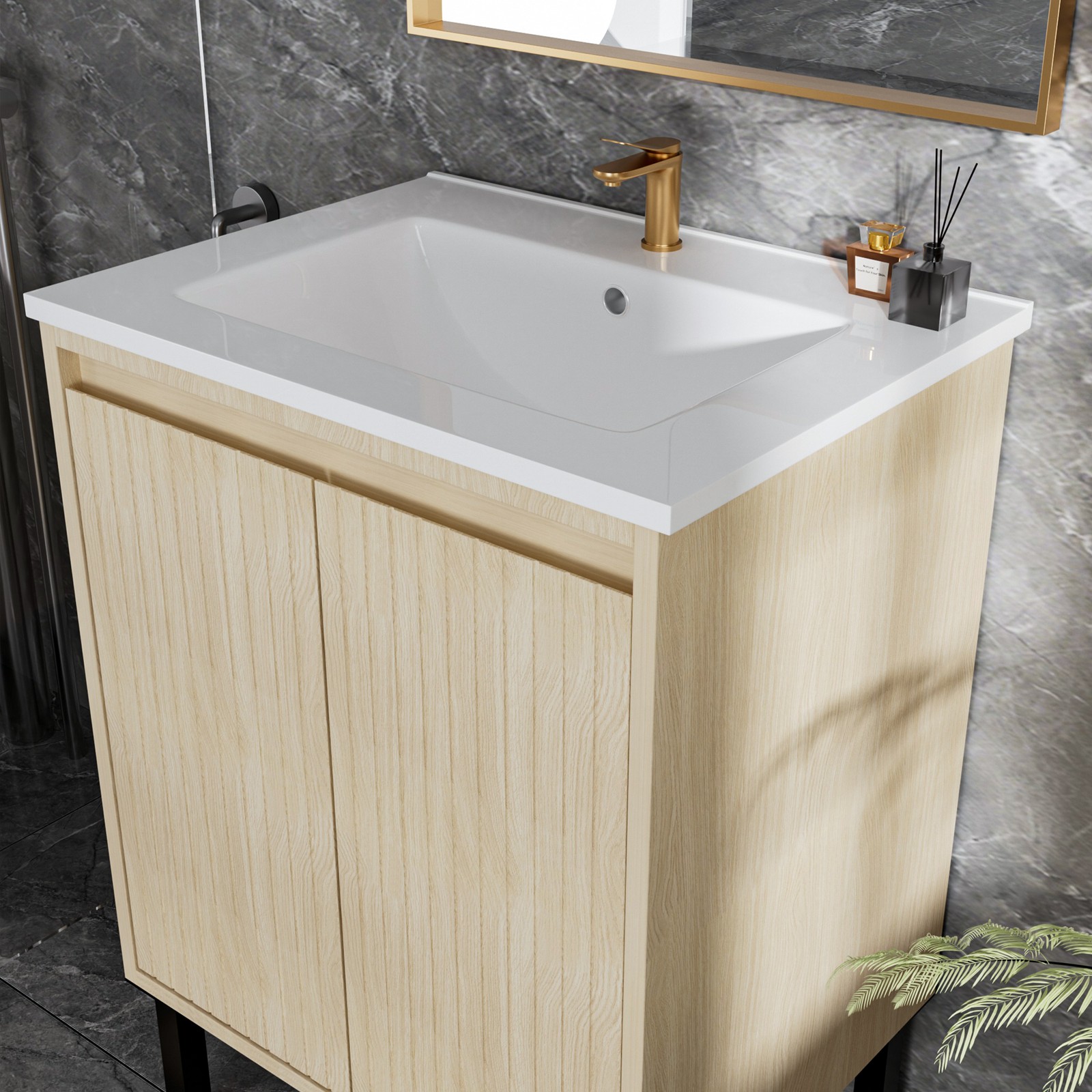 24 Inch Bathroom Vanity with Sink, Oak Finish, White Ceramic