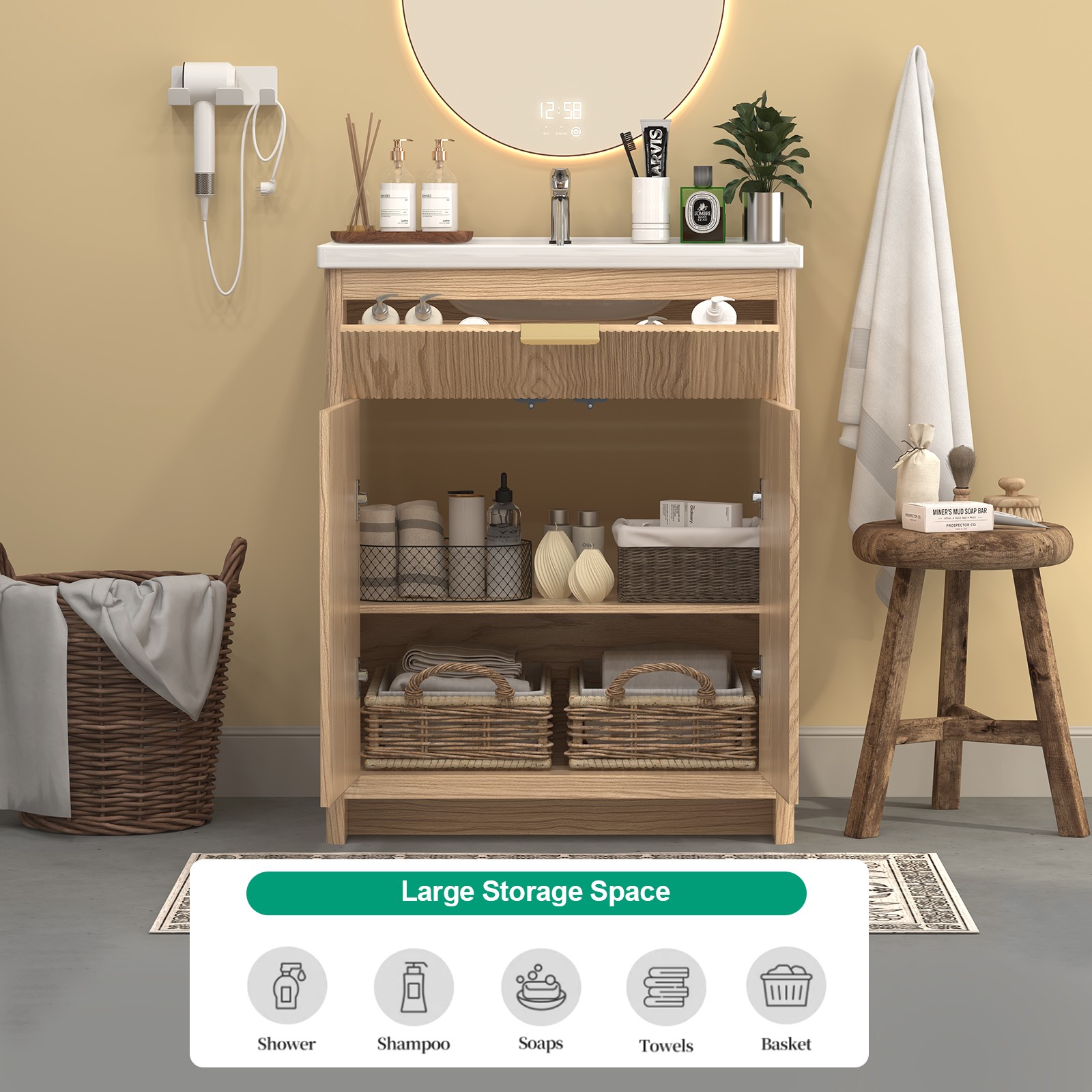 Bathroom Wood Vanity 23.6″ &Ceramic Sink,Freestanding Storage Cabinet Vanity