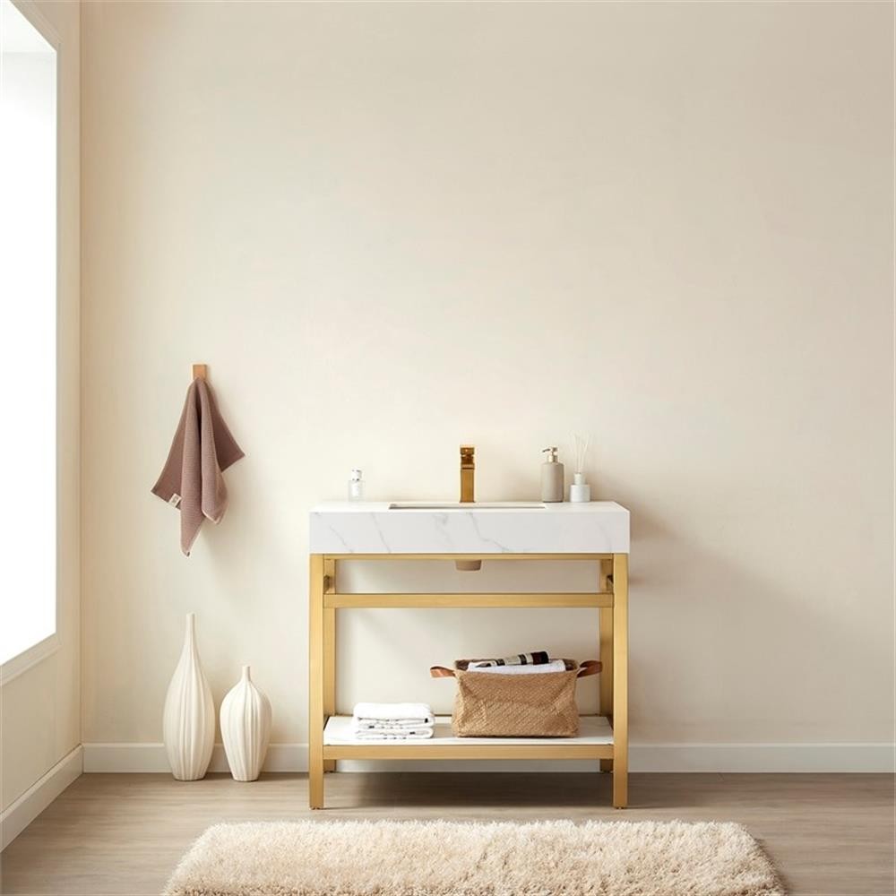 Funes 36″ Single Sink Bathroom Vanity in Brushed Gold Frame White Top No Mirror