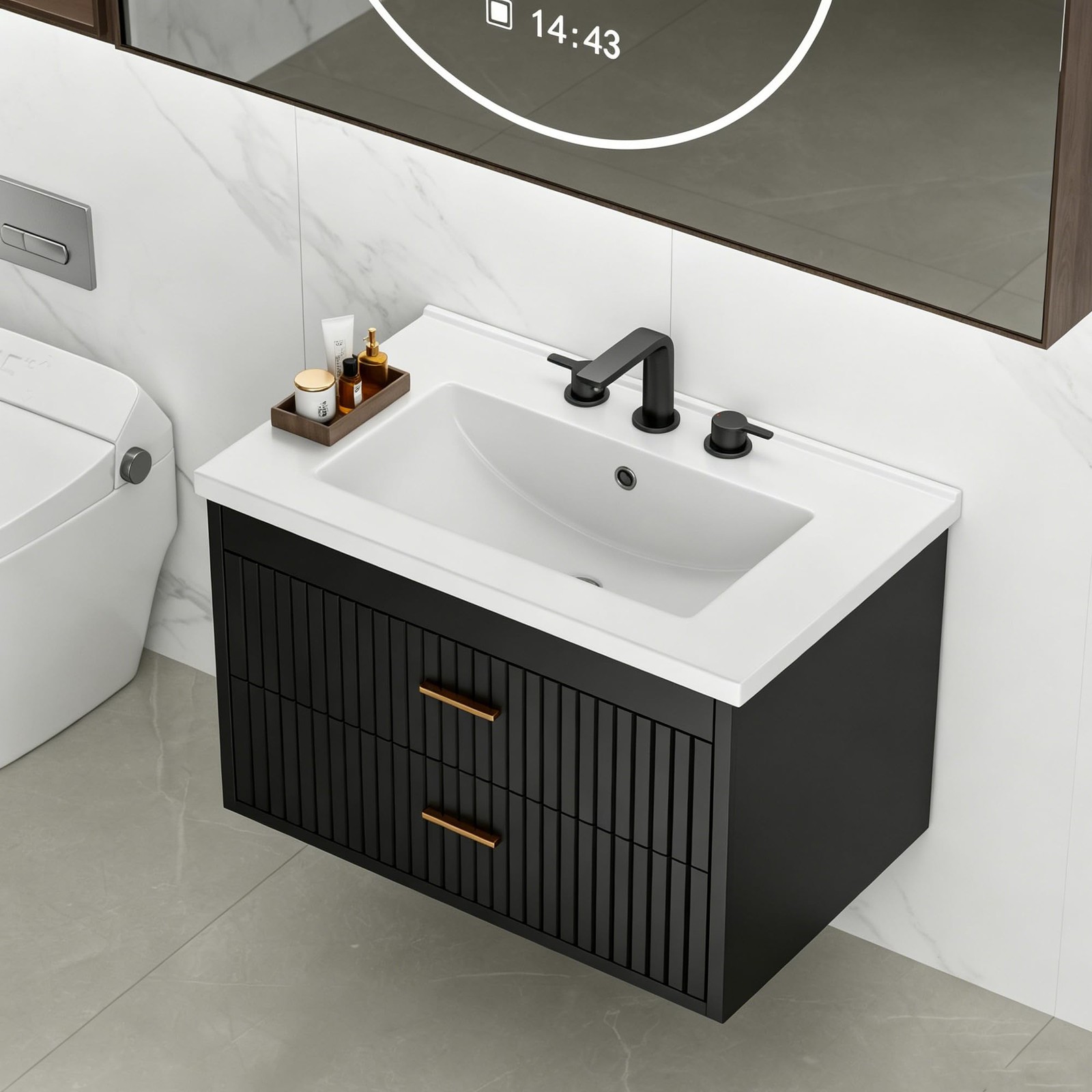 Floating Bathroom Vanity w/Sink, Wall Mounted Fluted Bathroom Vanity Cabinet