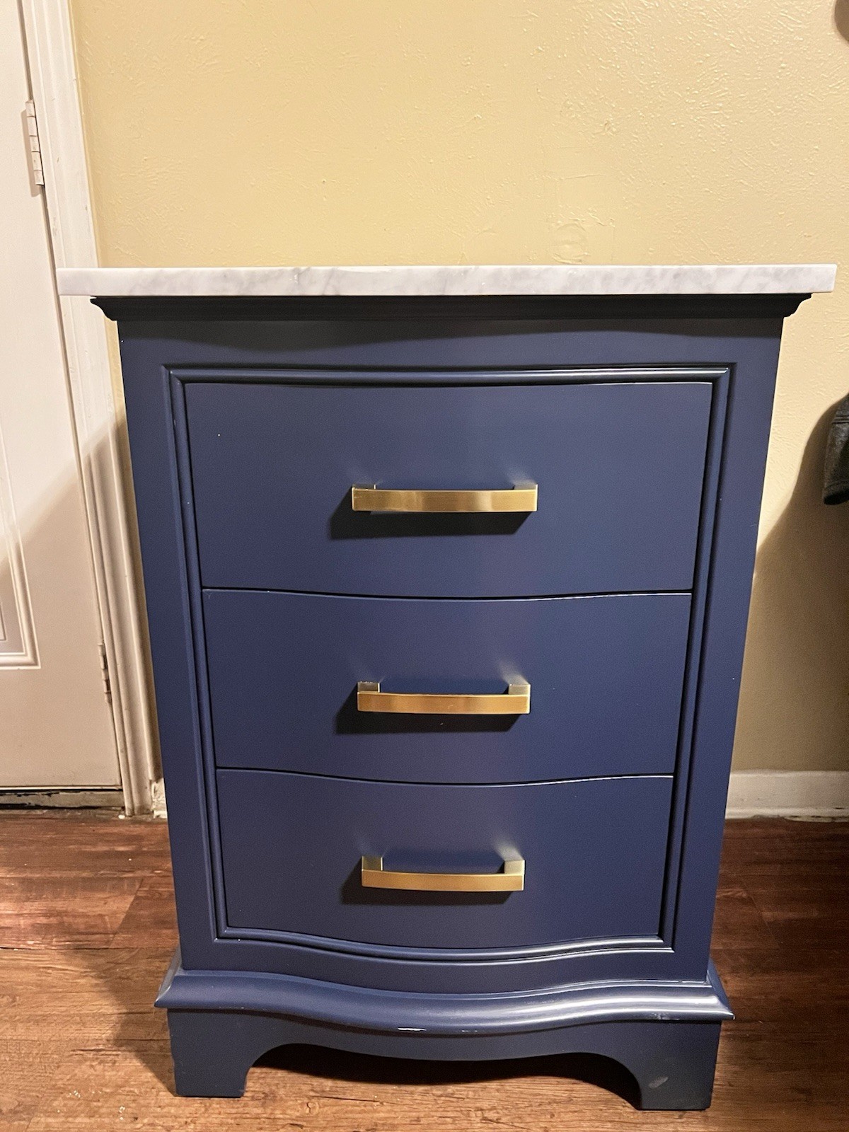 Blue Bathroom Vanity Marble Top Integrated Sink 3 Drawers Gold Metal Handles