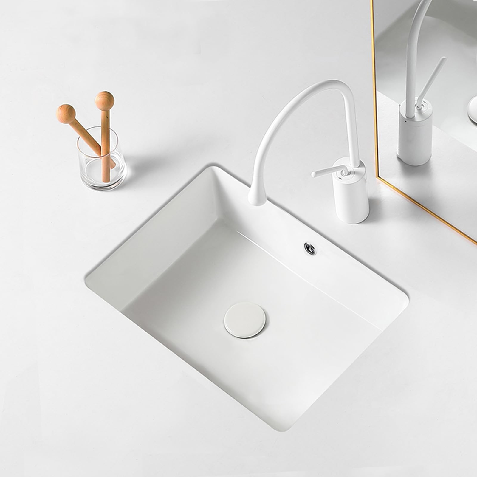 17-Inch Undermount Bathroom Sink, White Ceramic Rectangular Vanity Sink with Ove