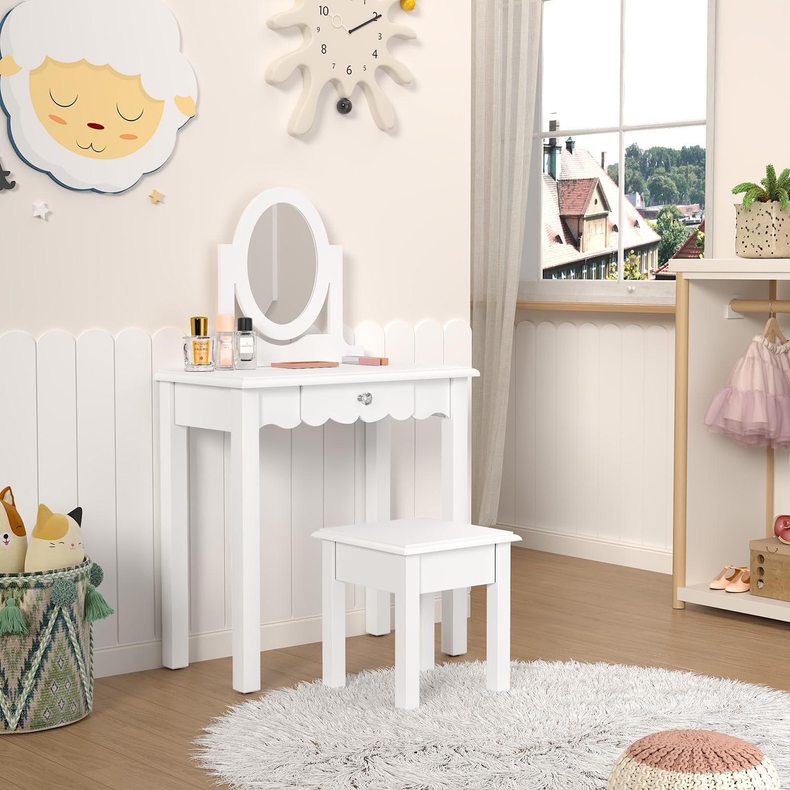 Kids Vanity Set Mirror Stool Wooden Makeup Desk Detachable Top Drawer White