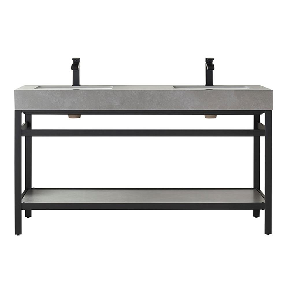 Funes 60″ Double Sink Bathroom Vanity in Matte Black Frame Gray Top No Mirror