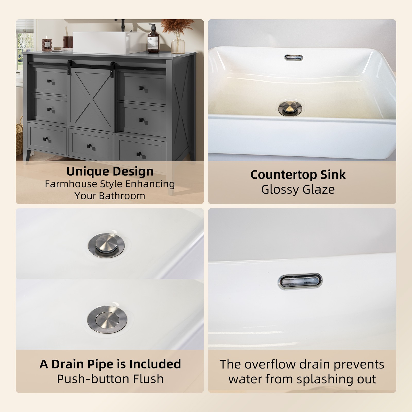 48″ Bathroom Vanity Sink Ceramic Freestanding 7Drawers Space-Saving Cabinet Grey