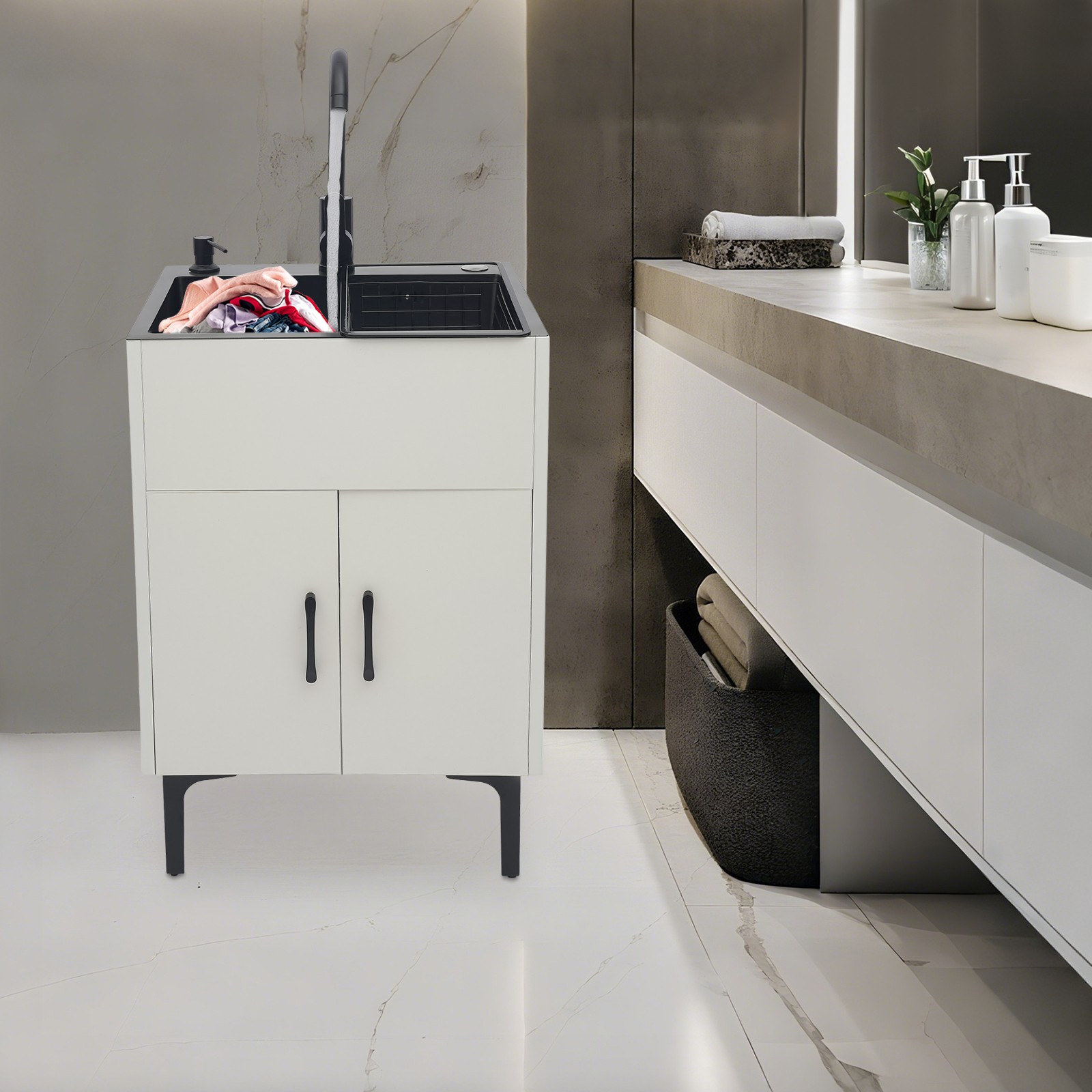 20″ Laundry Sink Cabinet w/ Faucet, Freestanding Utility Sink Cabinet w/ Storage