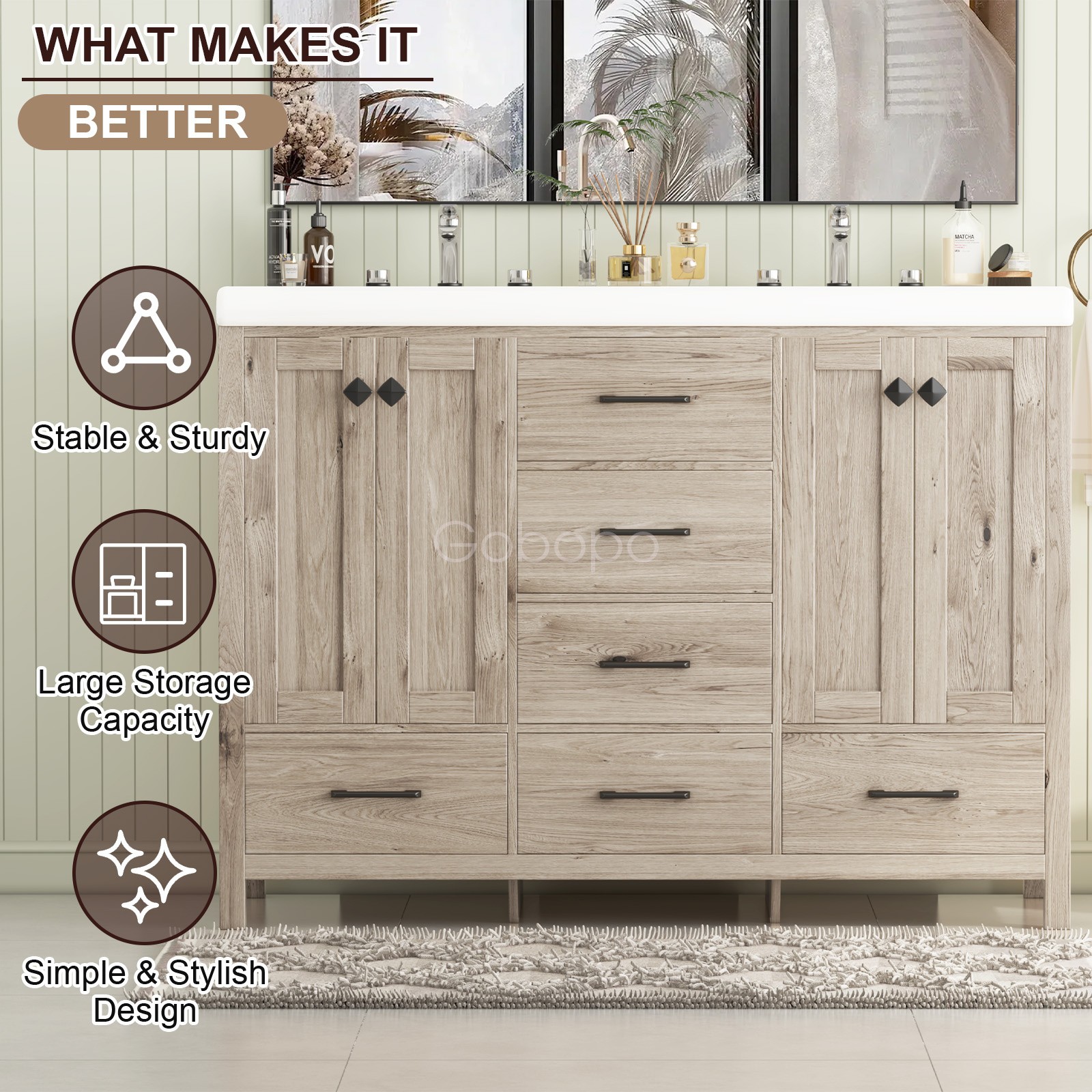 47 inch Bathroom Vanity Top w/ Double Sink Ceramic With Drawers Freestanding