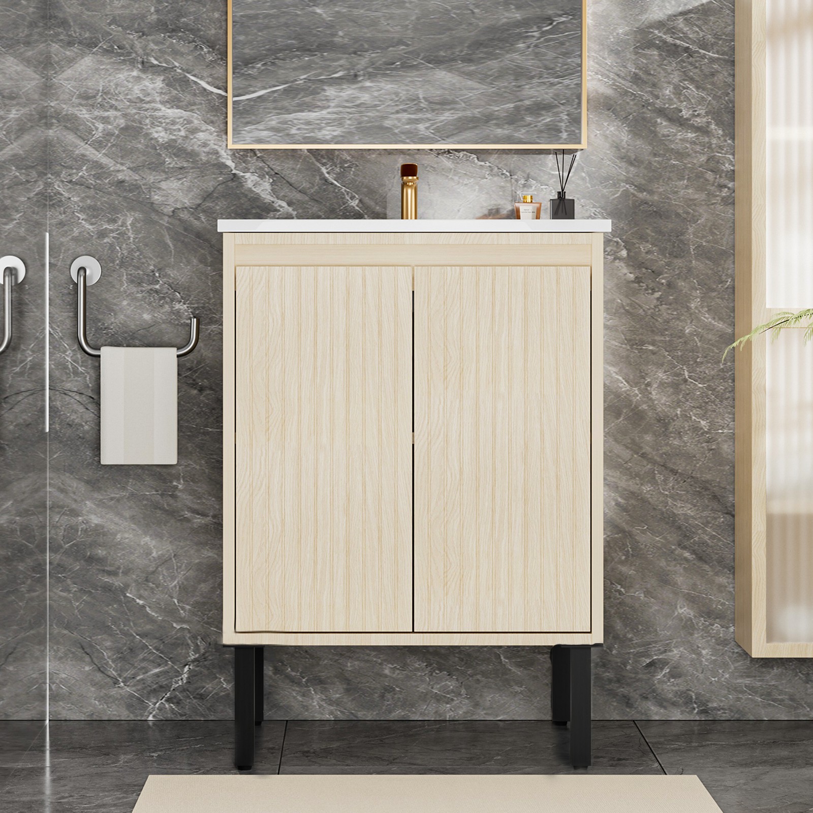 24 Inch Bathroom Vanity with Sink, Oak Finish, White Ceramic