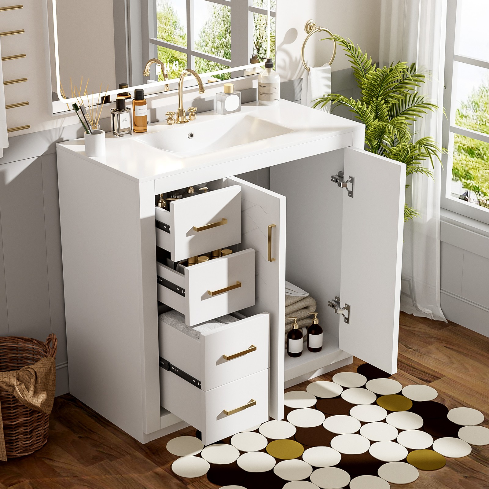 36″ Bathroom Vanity with Ceramic Sink, Solid Wood Frame, 3 Drawers & Doors