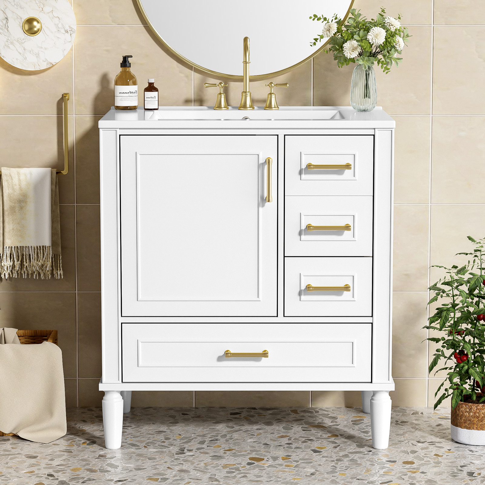30″ Bathroom Vanity with Ceramic Sink, Soft-Close Door and Drawers, White