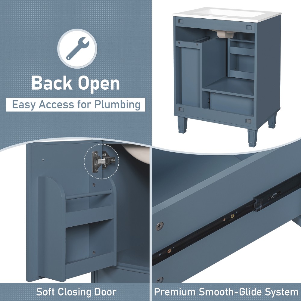 24″ Grey Blue Bathroom Vanity with Ceramic Sink Solid Wood Frame MDF Board