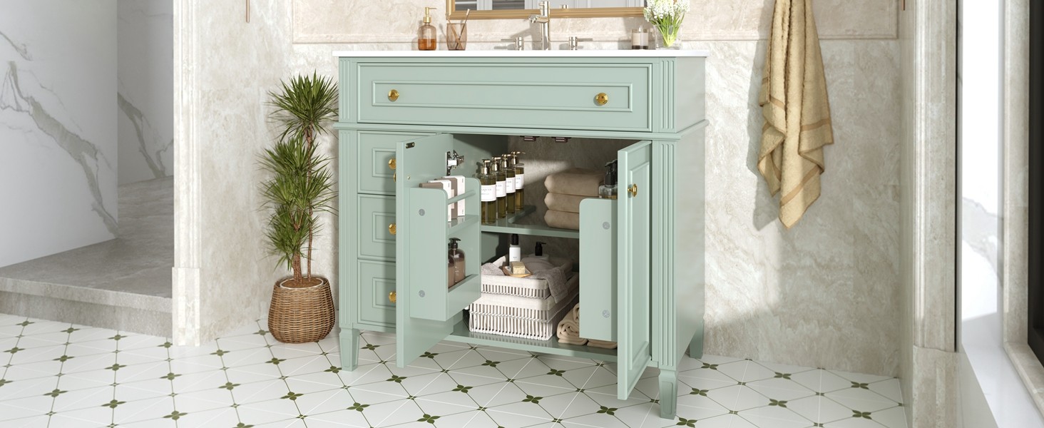 36 Inch Bathroom Vanity with Sink, Green Solid Wood Cabinet, Gold Handles