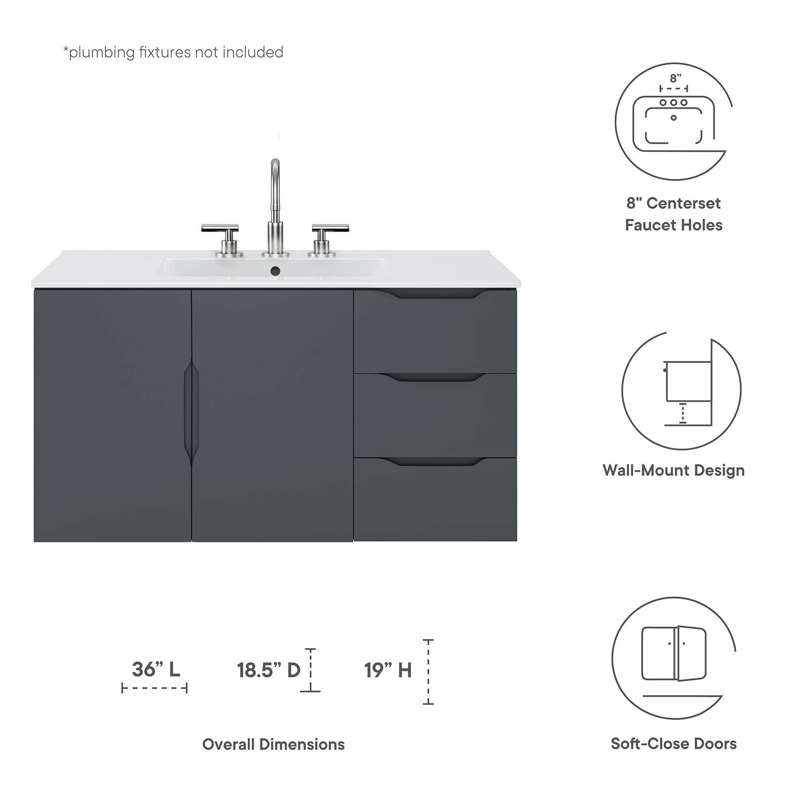 Modway Vitality 36″ Wall-Mount Bathroom Vanity in Gray White