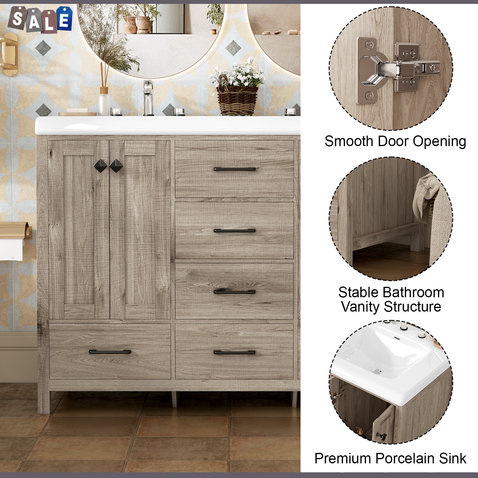 47 Inch Bathroom Vanity Double Ceramic Sinks Combo Storage Doors With Drawers