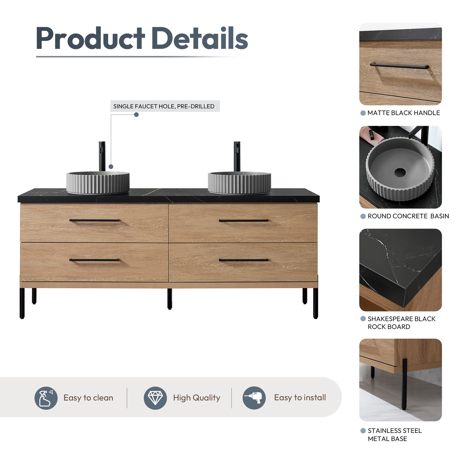 Trento 72″ Double Bath Vanity with Black Sintered Stone Top with Concrete Sink