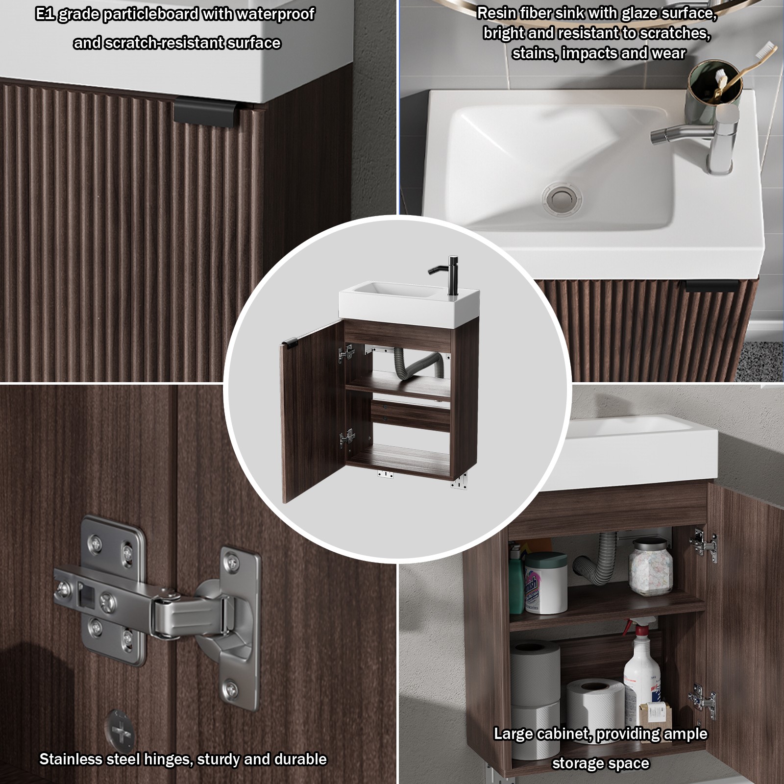 16″ Bathroom Vanity with Sink & Door Floating Cabinets Vanity for Small Space US