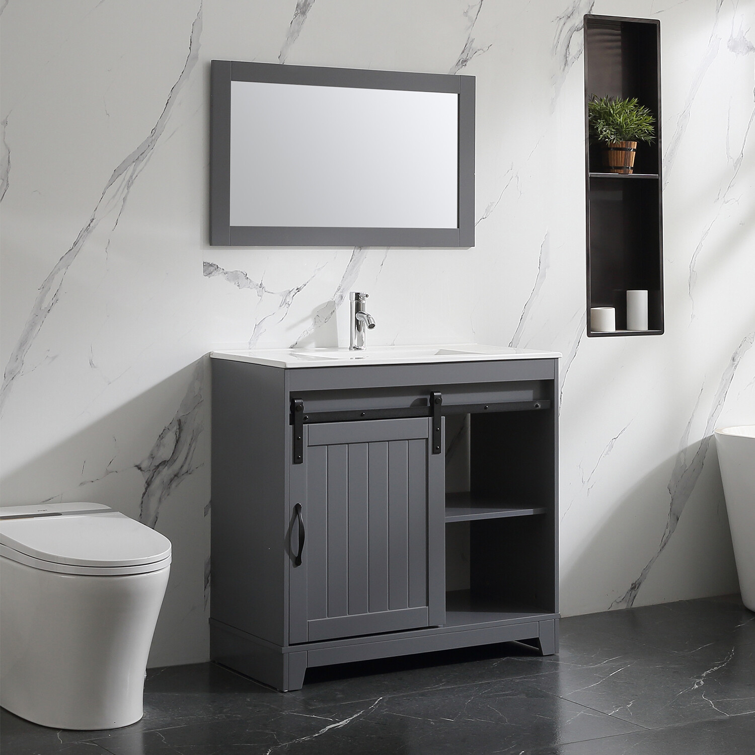 36″ Sliding Door Bathroom Vanity w/ Undermount Sink Faucet Mirror Gray Modern