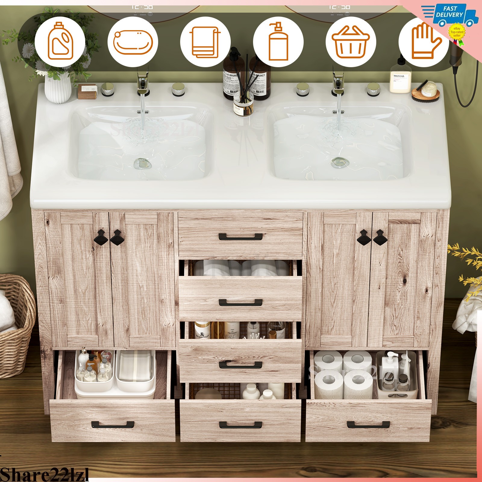 47inch Bathroom Vanity Retro Bathroom Storage Cabinet with Ceramic Sink Wooden