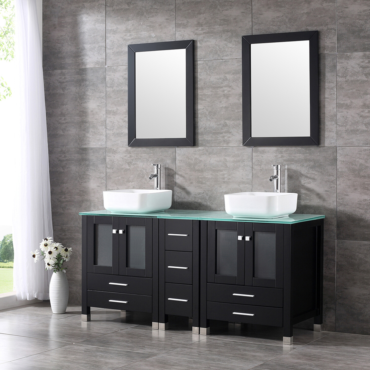 Bathroom Vanity 60″ Cabinet Double Sink Ceramic Vessel Combo w/Mirror Faucet Set