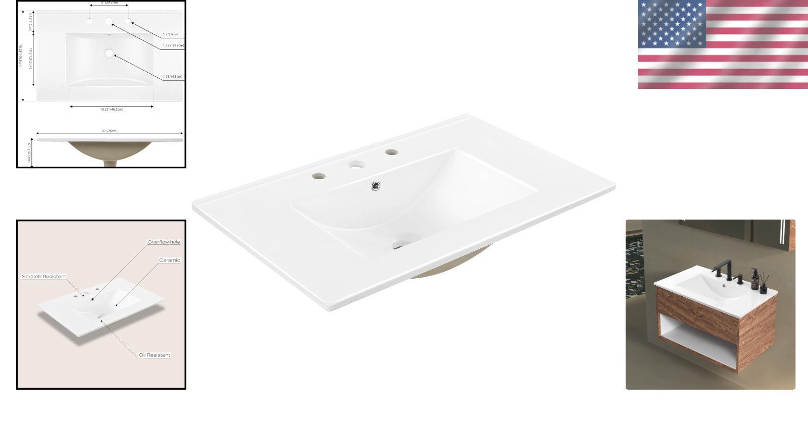 Classic 30″ Ceramic Vanity Sink Top – Rectangular 3-Hole Design for Elegance