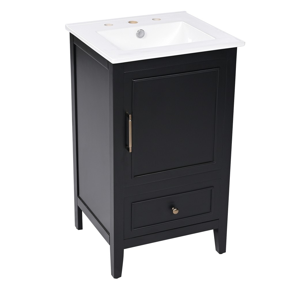 20″ Black Bathroom Vanity with Ceramic Sink Solid Wood MDF Cabinet