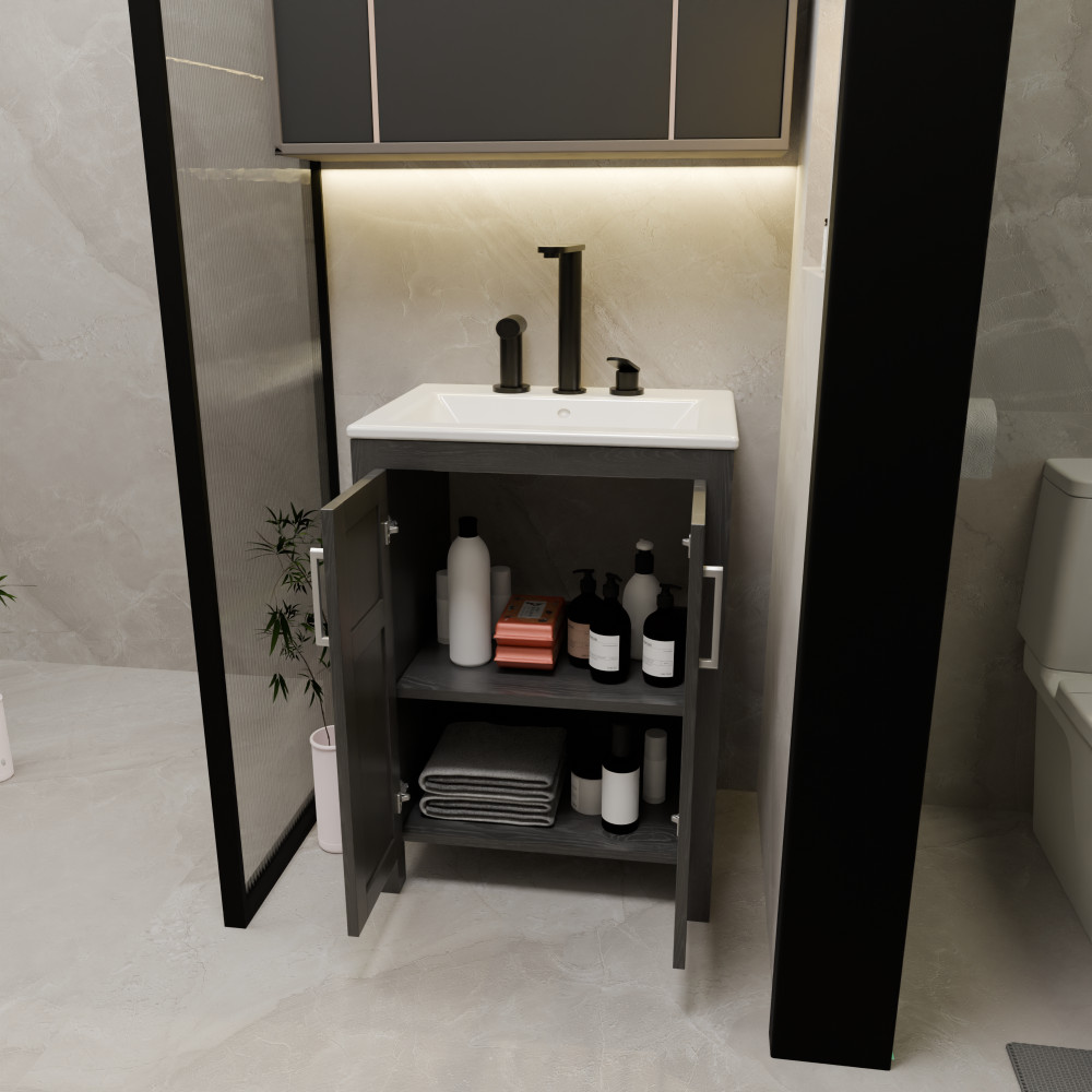 Bathroom Vanity with White Ceramic Sink Faucet Pop Up Drain Set Large Storage