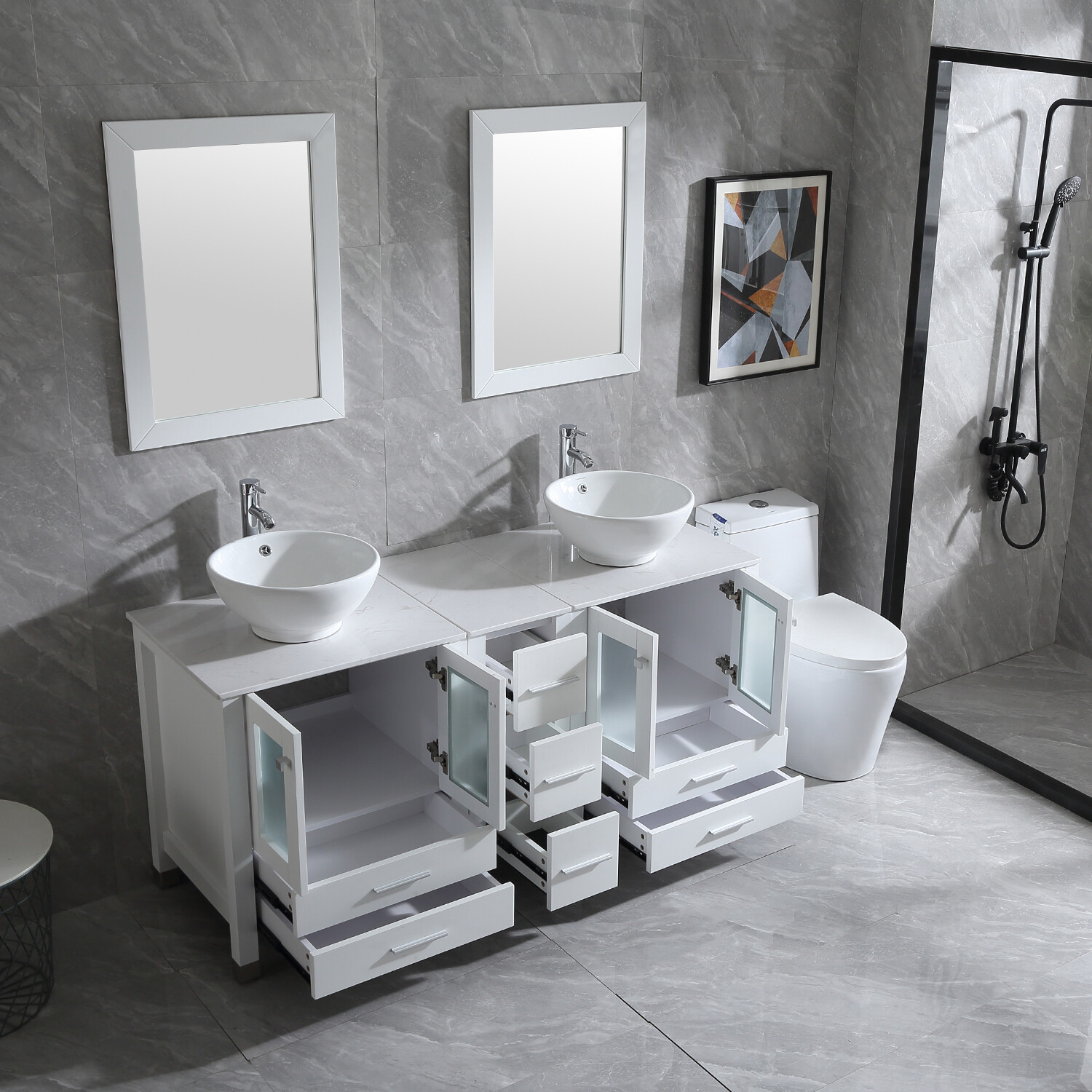 60″ Bathroom Vanities White Drawer Cabinet Ceramic Vessel Sinks w/ Faucet Combo